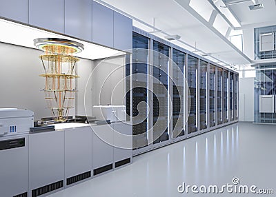 Quantum server network with quantum computer machine in server room Stock Photo