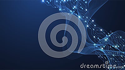 Quantum technologies concept. Deep learning artificial intelligence. Circuit board texture background design. Big data Cartoon Illustration