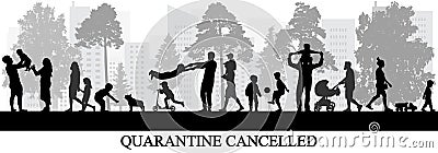 Quarantine cancelled, people walking in park, children playing. Vector illustration Vector Illustration