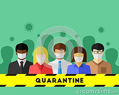 Quarantine concept with people in a crowd quarantined behind a barricade tape Vector Illustration