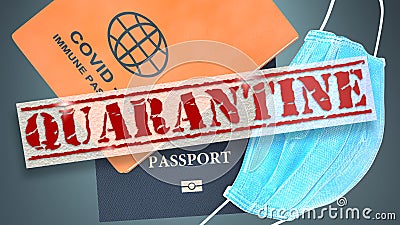 Quarantine, covid, travel and vaccine - symbolized by a mask and immune passport to show the new era in traveling and the corona Cartoon Illustration