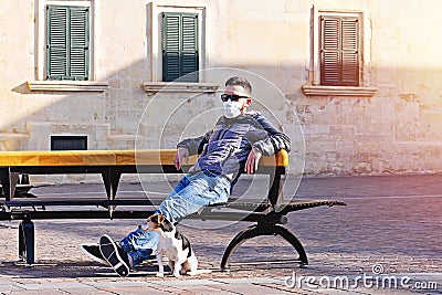 Quarantine dog rental concept for walk in street Stock Photo