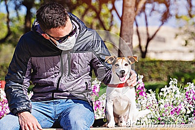 Quarantine dog rental concept for walk in street Stock Photo