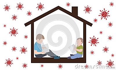 Quarantine. Education at home. School children and preschooler stay at home and read books. Self-isolation due to the coronavirus Vector Illustration