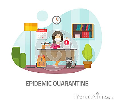 Quarantine epidemic risk concept or home isolation where person in medical face mask working distance or learning from Vector Illustration
