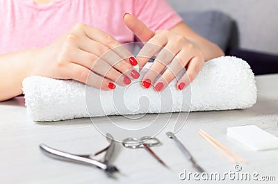Quarantine Hand Care. Manicure at home. Stock Photo