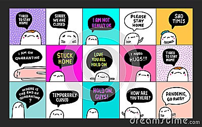 Quarantine isolation covid-19 expressive people with speech bubbles hand drawn vector illustration vibrant colors Vector Illustration