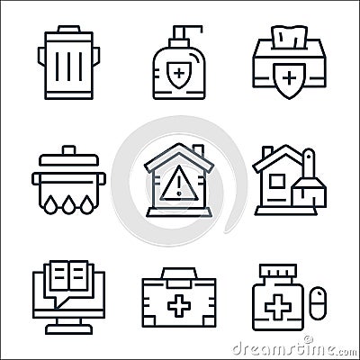 Quarantine line icons. linear set. quality vector line set such as medicine, first aid kit, cleaning, stay at home, cooking, Vector Illustration