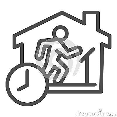 Quarantine sports at home line icon. Person jogging at treadmill with clock outline style pictogram on white background Vector Illustration