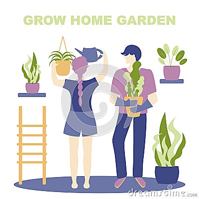 Quarantine, stay at home concept - people sitting at their home, Woman and man grow home plants, water and plant flowers Vector Illustration