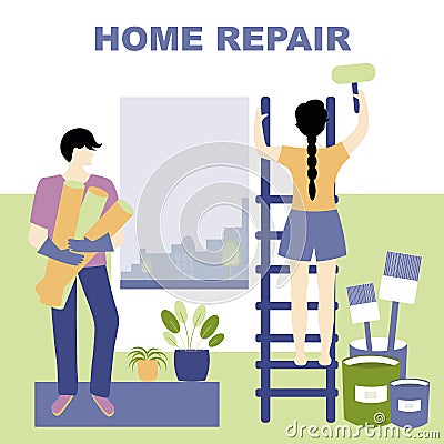 Quarantine, stay at home concept - people sitting at their home, Woman and man paint walls and wallpaper, make repairs in the Vector Illustration