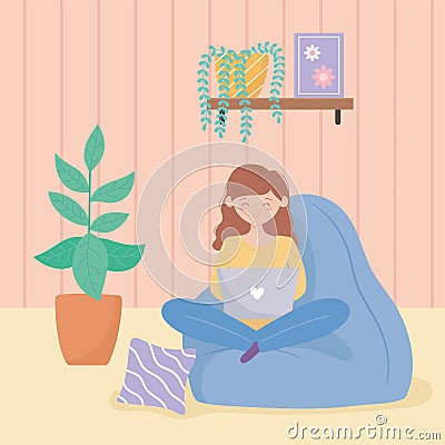 Quarantine stay at home, girl with laptop sitting in room with potted plant Vector Illustration