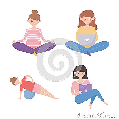 Quarantine stay at home, women practicing yoga, read book and using laptop Vector Illustration