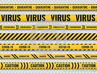 Quarantine stripes. Safety warning yellow black striped tapes, warning dangerous ribbons, attention quarantine virus Vector Illustration