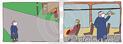 Quarantine time comic image. Security idea. People in public transport. New life. Stock Photo