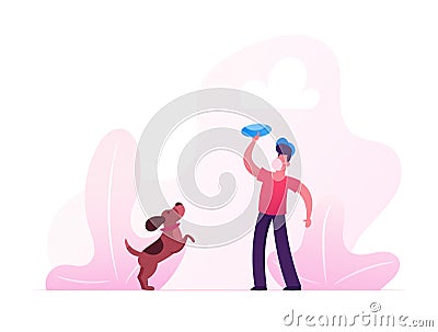 Quarantine Violation. Boy in Medical Mask Walking with Dog Outdoors. Male Character Playing with Pet Vector Illustration