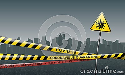 Quarantined city. Coronavirus epidemic covid-19. Coronavirus quarantine warning tapes and sign of viral hazard. Epidemic barrage Vector Illustration