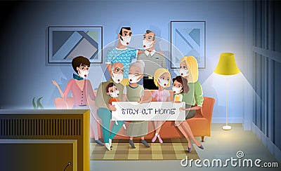 Quarantined Family Stay at Home During Pandemic Vector Illustration