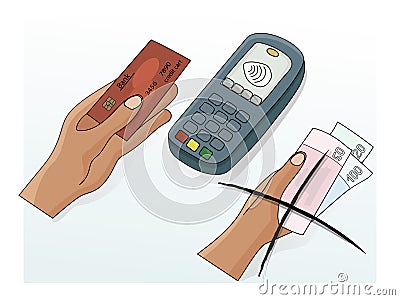 When quarantining a coronvirus epidemic, pay for your purchases with a credit card, not cash. Cashless payment terminal, a hand wi Vector Illustration