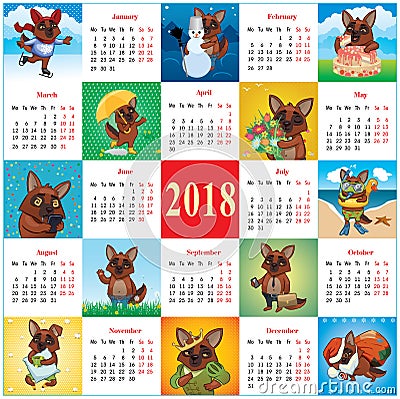 Quare calendar 2018 with active dogs Vector Illustration