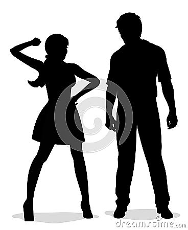 Quarrel. Silhouette swearing couple. Woman beats a man. Vector Illustration