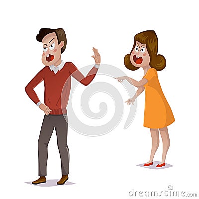 Quarrel. Young couple arguing. Man and woman shouting at each other. Problems in relationships, disagreement and conflict. Vector Illustration