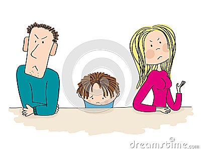 Quarreling parents. Their sad child is thinking about divorce. Vector Illustration