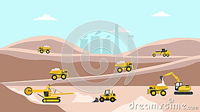 Quarry landscape flat elements with mining vehicles. Pit sand and excavator with heavy machinery Vector Illustration