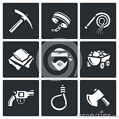 Quarry and slavery icons set. Vector Illustration. Stock Photo