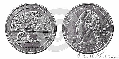 Quarter dollar coin. Great sand dunes of Colorado. 2014 year Stock Photo