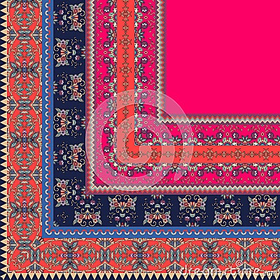 Quarter of the ethnic bandana print with ornamental border. Silk neck scarf Vector Illustration