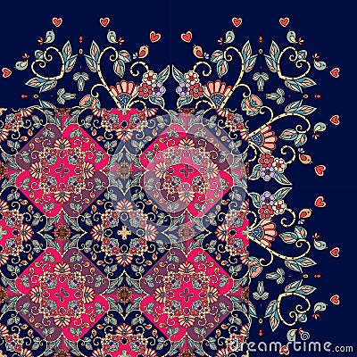 Quarter of the ethnic bandana print. Silk neck scarf with beautiful flowers and leaves. Rug. Vector Illustration