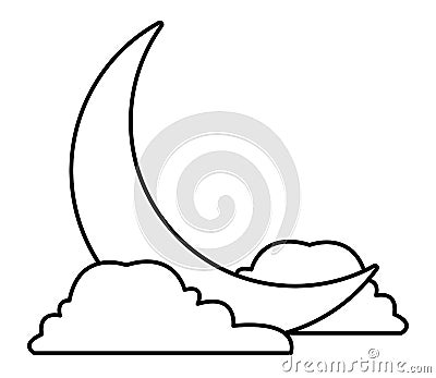 Quarter moon with clouds cartoons in black and white Vector Illustration
