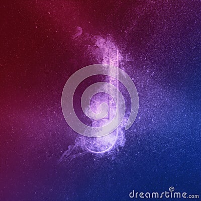 Quarter music note symbol Red Blue. Abstract night sky background Stock Photo