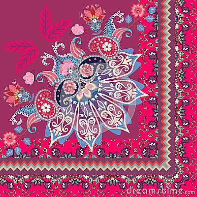Quarter of shawl in ethnic style. Half of mandala, paisley, flowers and ornamental border in vector. Indian, turkish motives Vector Illustration