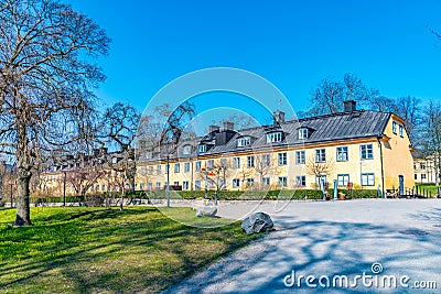 Quarter with yellow buildings at Skeppsholmen island in Stockholm, Sweden Stock Photo