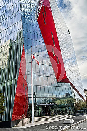 Ilot Balmoral, a landmark building in the heart of the Quartier des spectacles Montreal Editorial Stock Photo