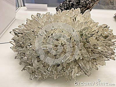 Quartz, Pyrite, Calcite or Quarz, Pyrit, Calcit minerals and crystals in the exhibition Mount SÃ¤ntis - worlds of experiences Stock Photo