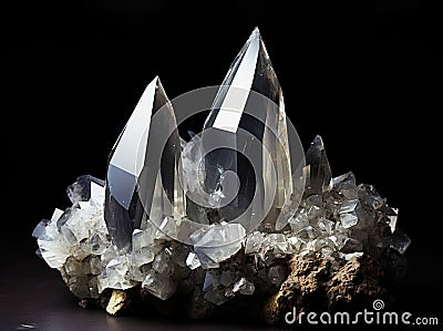 Quartz is a rare precious natural stone on a black background. AI generated. Stock Photo