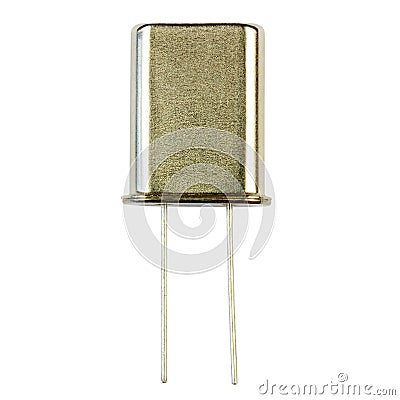 Quartz resonator close-up isolated on white background. Electronic component Stock Photo