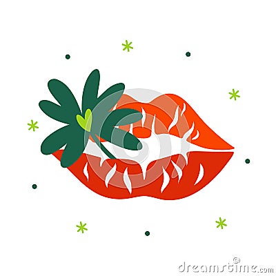 Quatrefoil in bright red lips. Simple vector illustration. Kiss for good luck. Female mouth with green clover leaf Vector Illustration