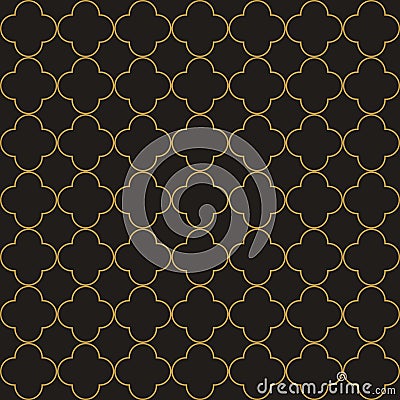 Quatrefoil pattern vector in gold and black. Seamless islamic geometric pattern motif for wallpaper, packaging, or textile. Vector Illustration