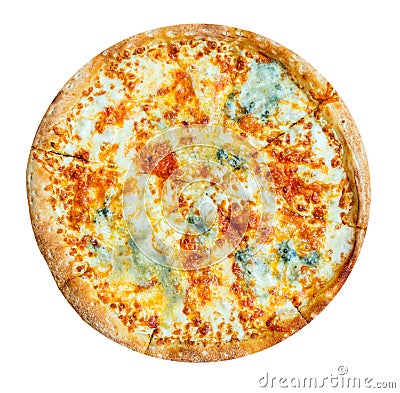 Quattro formaggi italian pizza with four sorts of cheese isolated on white background. Mozzarella, blue cheese, chedder, parmesan Stock Photo