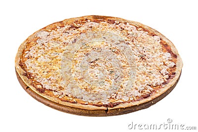 Quattro formaggio whole italian pizza with four sorts of cheese on wooden board isolated on white background Stock Photo