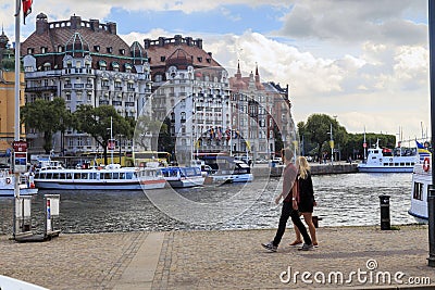 Quay along the bay Nybroviken in Stockholm Editorial Stock Photo