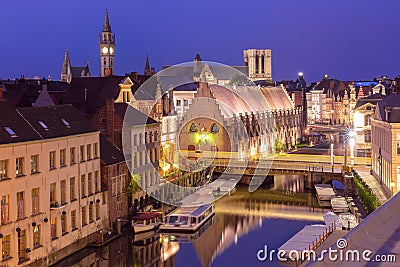 Quay Graslei at night, Ghent town, Belgium Stock Photo