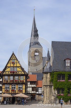 Quedlinburg, Germany, July 2022: Markplatz of the Main Square of Quedlinburg Old Town Germany Editorial Stock Photo
