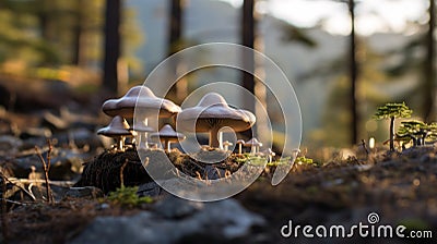 Volumetric Lighting: Photo-realistic Techniques For Capturing Whistlerian Mushrooms In Golden Light Stock Photo