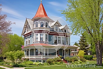 a queen anne home with a widows walk and turret Stock Photo