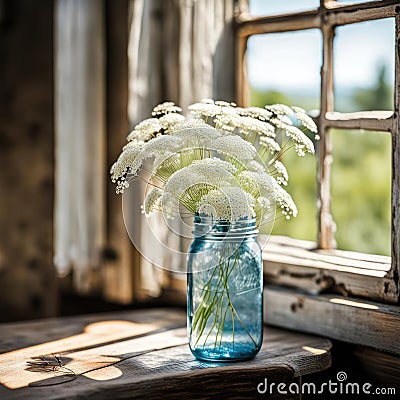 Queen Anne's Lace Bouquet In A Sunny Window Stock Photo